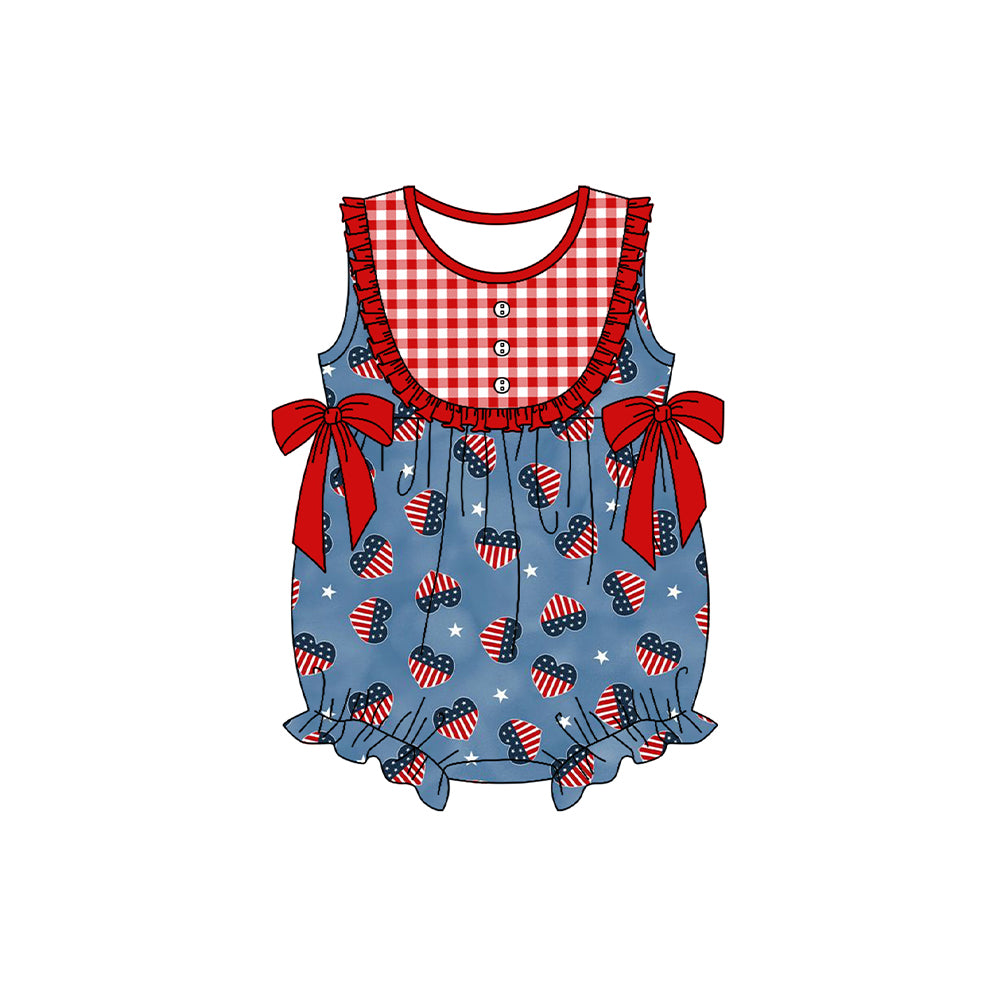 preorder SR2328 July 4th flag heart blue red checkered sleeveless girls romper