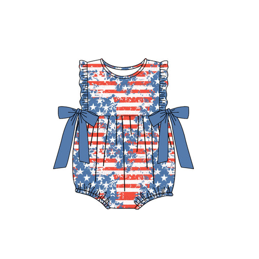 preorder SR2329 July 4th flag star red striped bows flutter sleeve girls romper