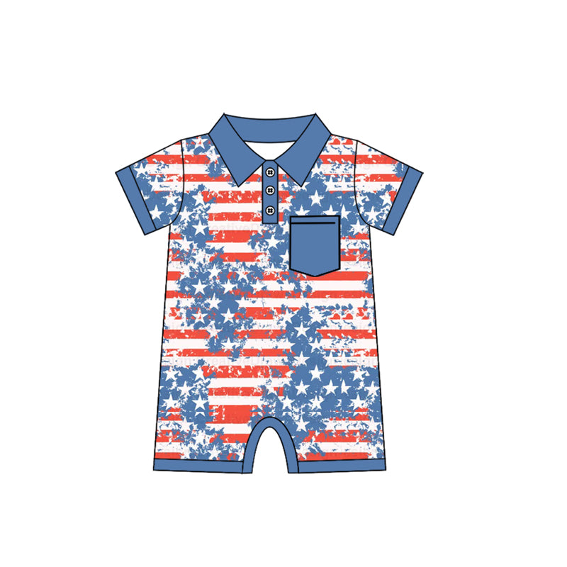 preorder SR2330 July 4th flag star red striped bows blue pocket short sleeve boys romper