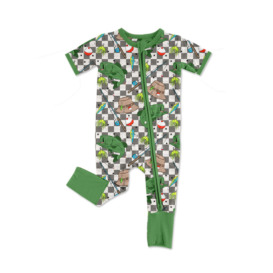 preorder SR2335 hunting fishing checkered short sleeve zipper boys green romper