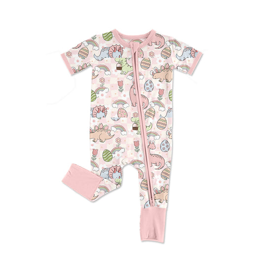 preorder SR2343 Easter egg dinosaur rainbow pink short sleeve zipper girls romper