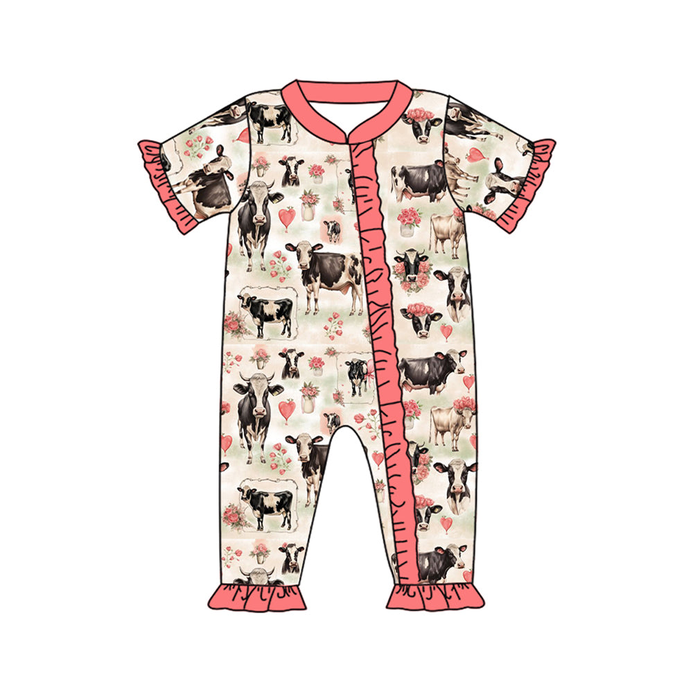 preorder SR2345 Farm cow flowers pink short sleeve zipper girls romper