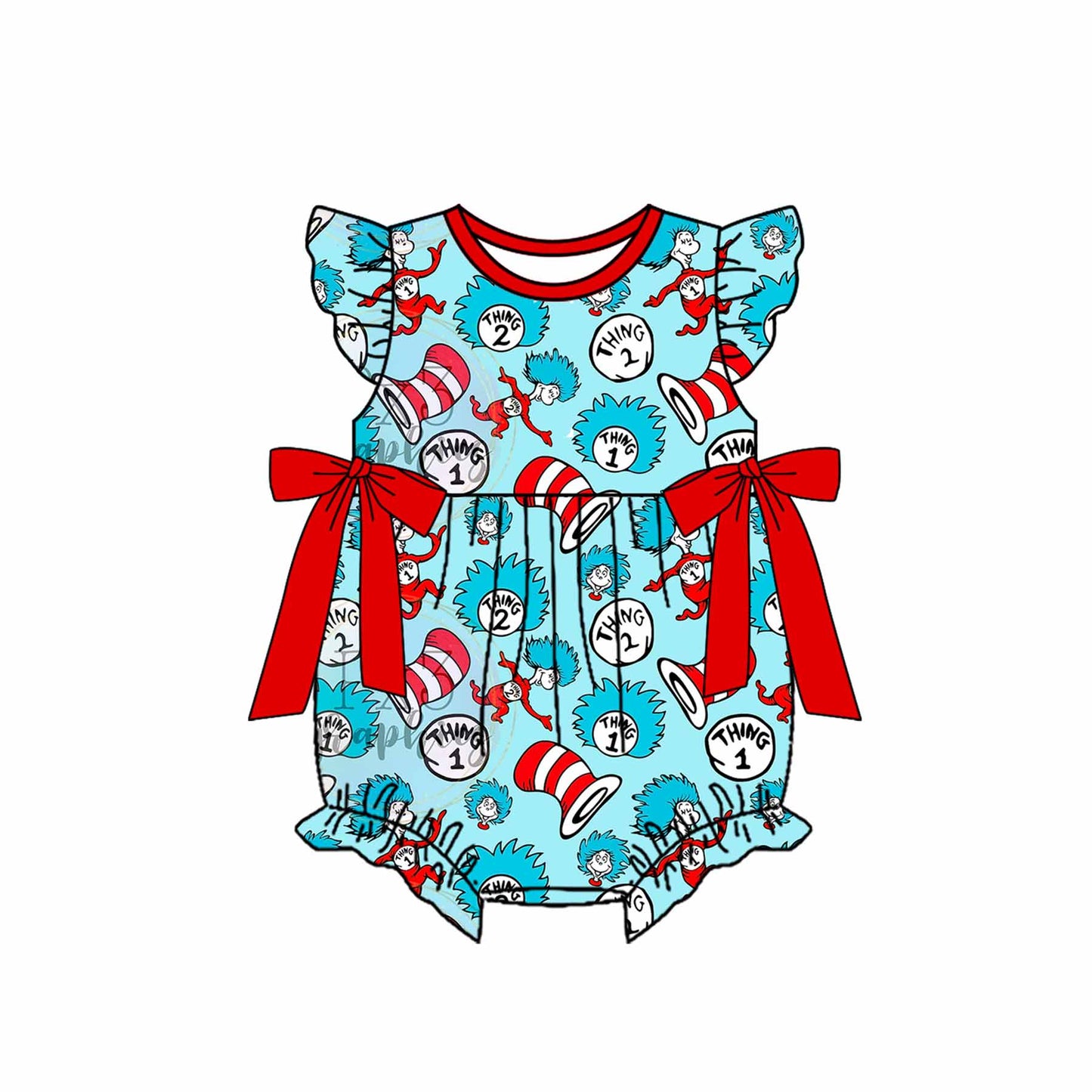 preorder SR2365 Here Comes Cartoon Dr Bows Blue Flutter Sleeve Girls Romper