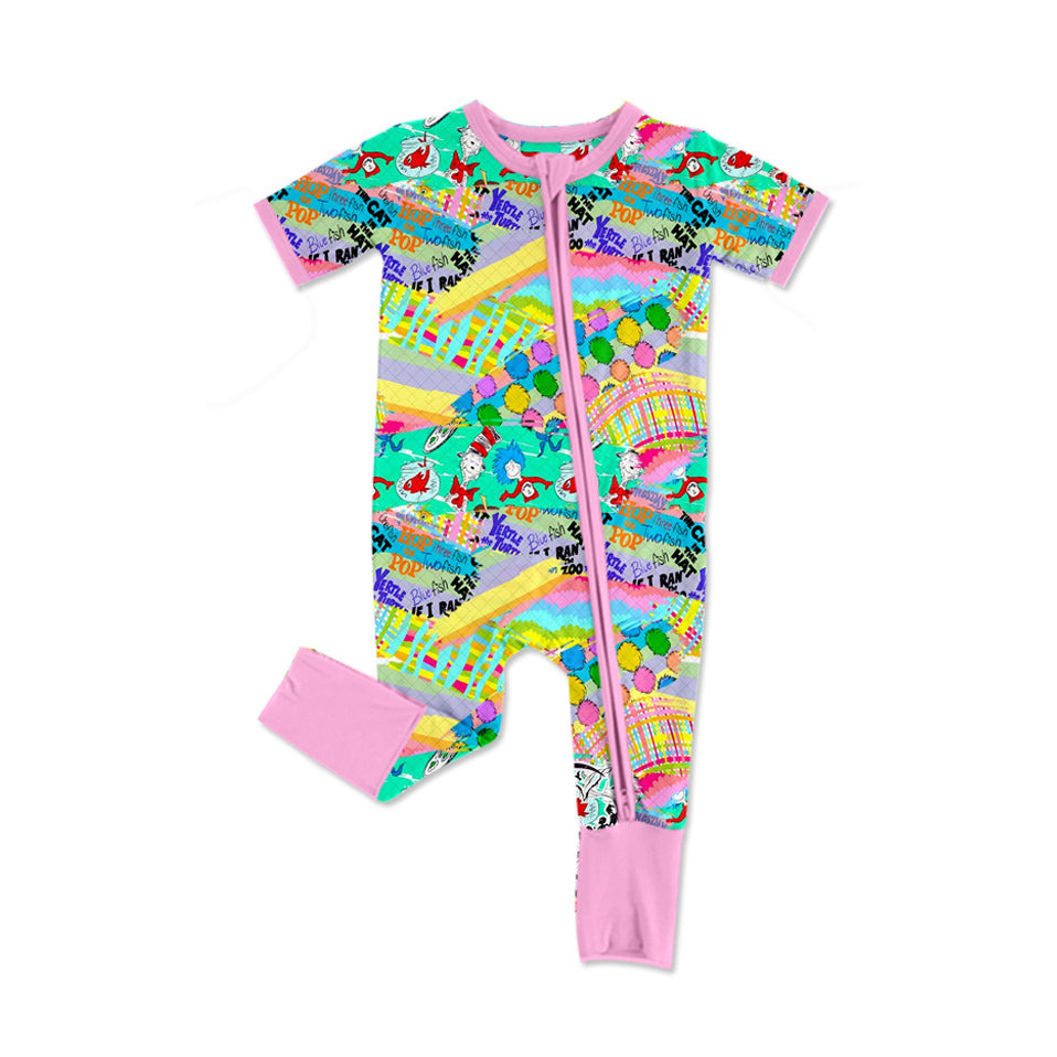 preorder SR2368 Colorful Cartoon Dr Elephant Zipper Short Sleeve Girls Romper