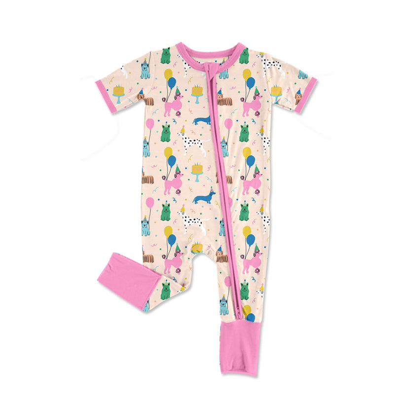 preorder SR2370 Happy Birthday Dog Pink Short Sleeve Zipper Girls Romper