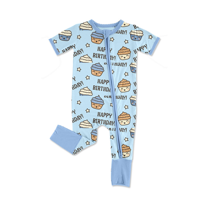 preorder SR2371 Happy Birthday Cake Blue Short Sleeve Zipper Boys Romper
