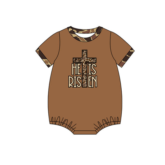 preorder SR2374 Easter Camo Cross He Is Risen Brown Short Sleeve Boys Romper