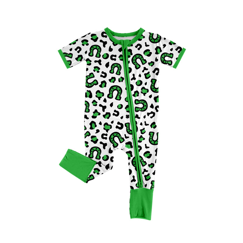 preorder SR2383 St. Patrick Green Leopard Short Sleeve Zipper Boys Romper