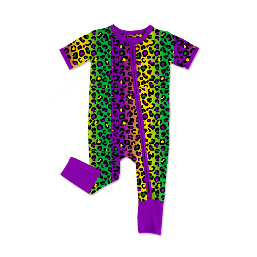 preorder SR2384 Mardi Gras Purple Green Yellow Leopard Short Sleeve Zipper Girls Romper