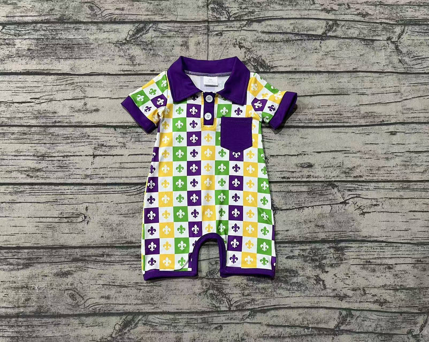 preorder SR2385 Mardi Gras Purple Green Yellow Printing Pocket Short Sleeve Boys Romper