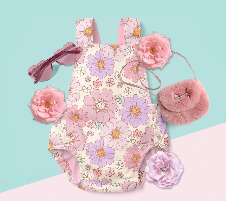 preorder SR2389 Colorful Flowers Sleeveless Girls Floral Romper