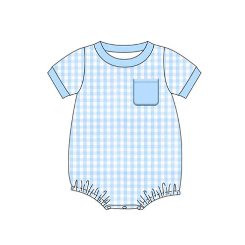 preorder SR2390 Blue Checkered Pocket Short Sleeve Boys Romper