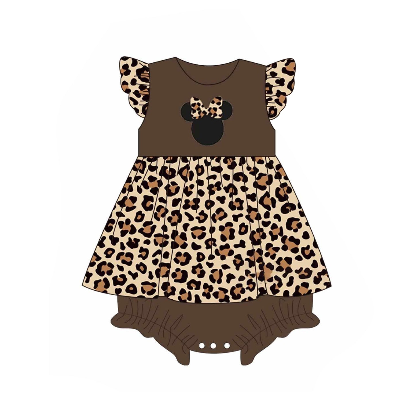 preorder SR2391 Cartoon M Bow Leopard Brown Flutter Sleeve Girls Romper