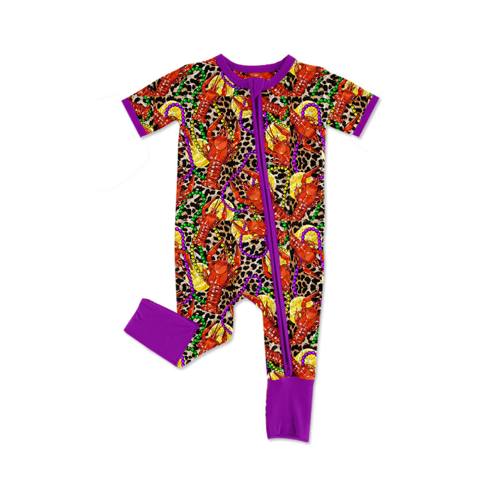 preorder SR2393 Mardi Gras Crayfish Potato Leopard Purple Short Sleeve Zipper Girls Romper