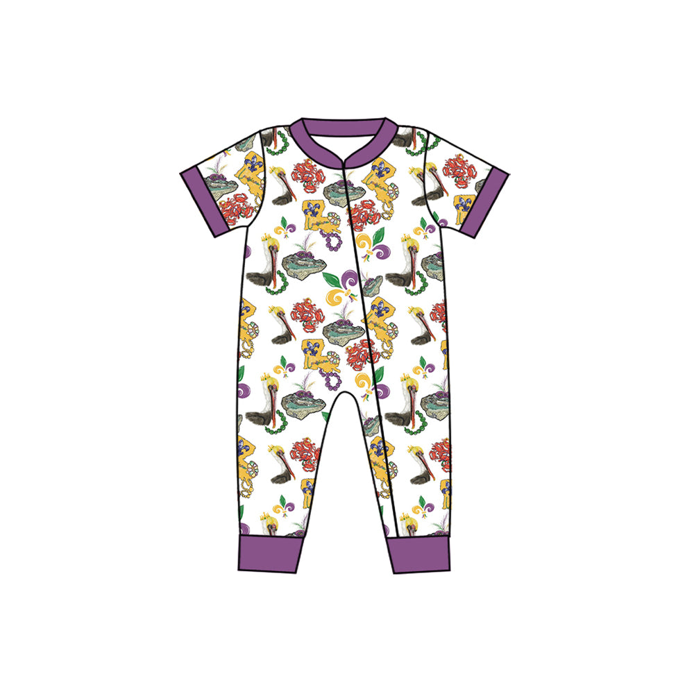 preorder SR2394 Mardi Gras Mask Crab Purple Short Sleeve Boys Romper