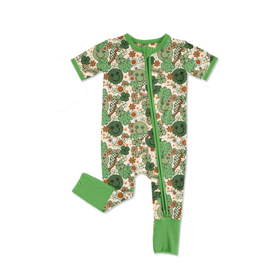 preorder SR2395 St. Patrick Lucky Clover Smile Green Short Sleeve Zipper Girls Romper