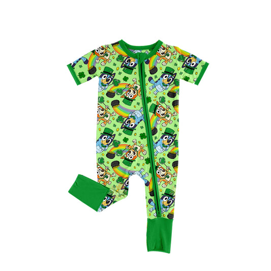 preorder SR2396 St.Patrick Blue Dog Clover Green Short Sleeve Girls Romper