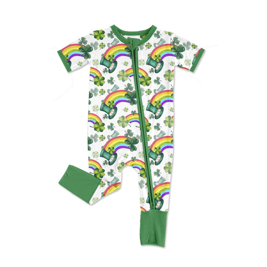 preorder SR2397 St.Patrick Hat Clover Rainbow Green Short Sleeve Girls Zipper Romper