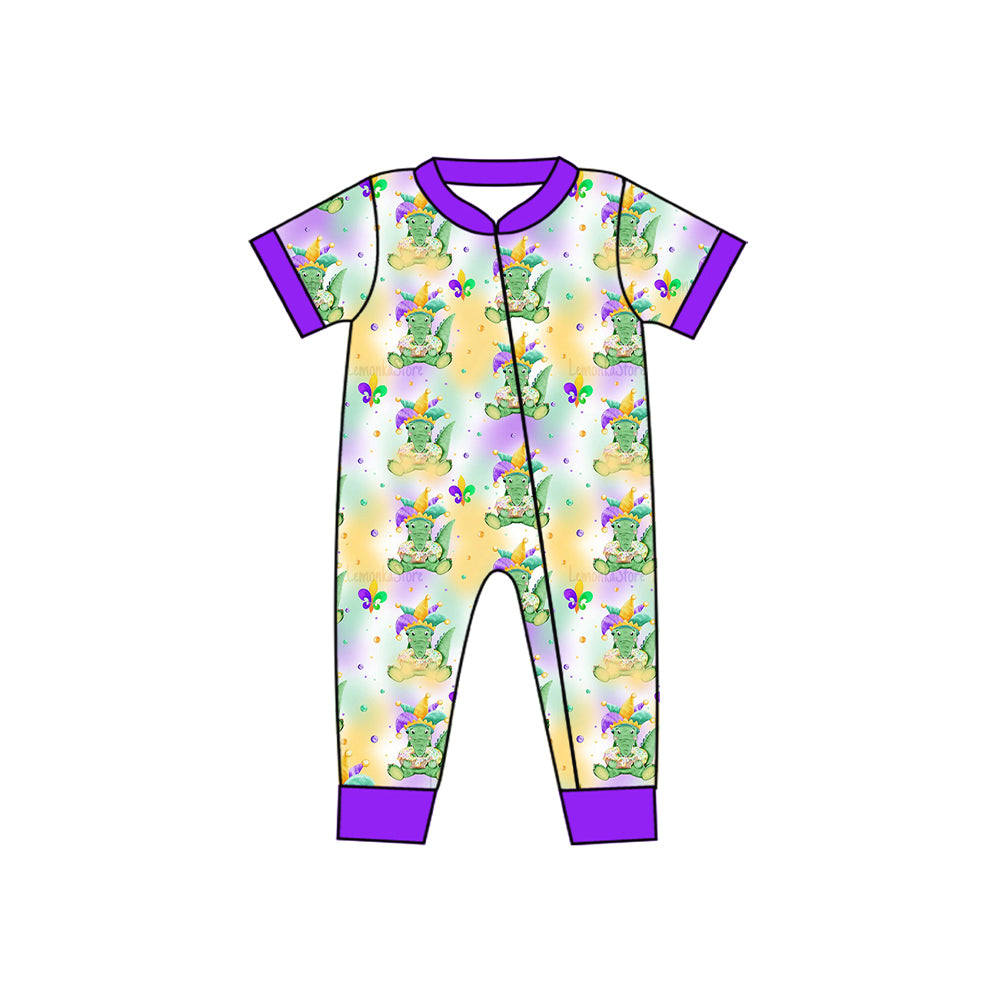 preorder SR2398 Mardi Gras Dinosaur Purple Short Sleeve Zipper Boys Romper