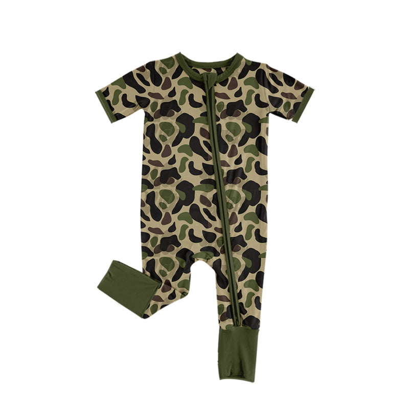 preorder SR2399 Easter Camo Dark Green Short Sleeve Zipper Girls Romper