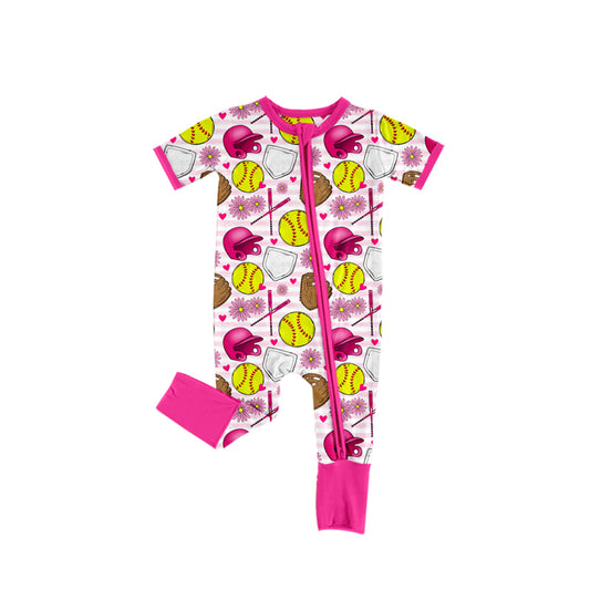 preorder SR2401 Softball Batter Flowers Hot Pink Short Sleeve Zipper Girls Romper