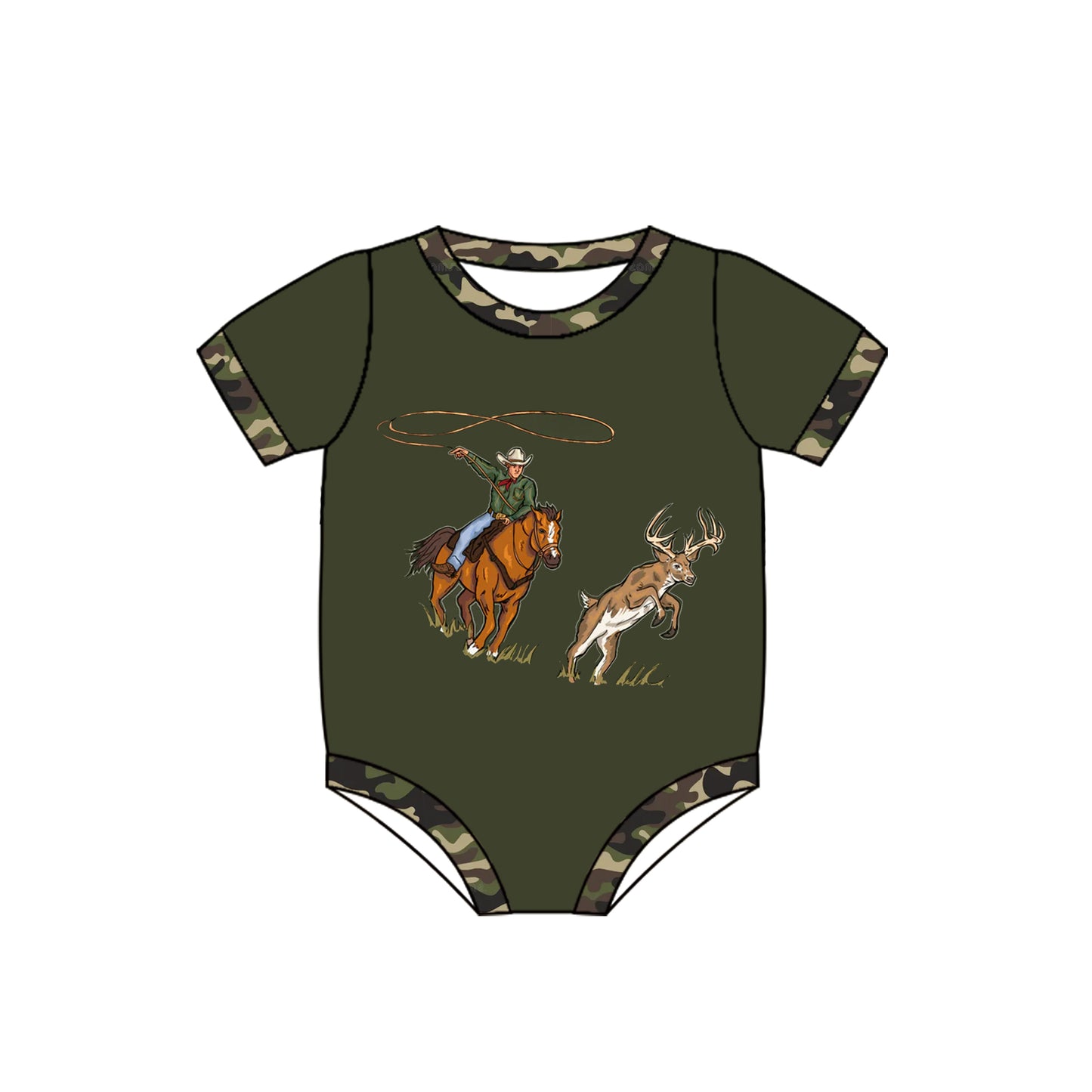preorder SR2411 Hunting Deer Green Camo Short Sleeve Boys Romper