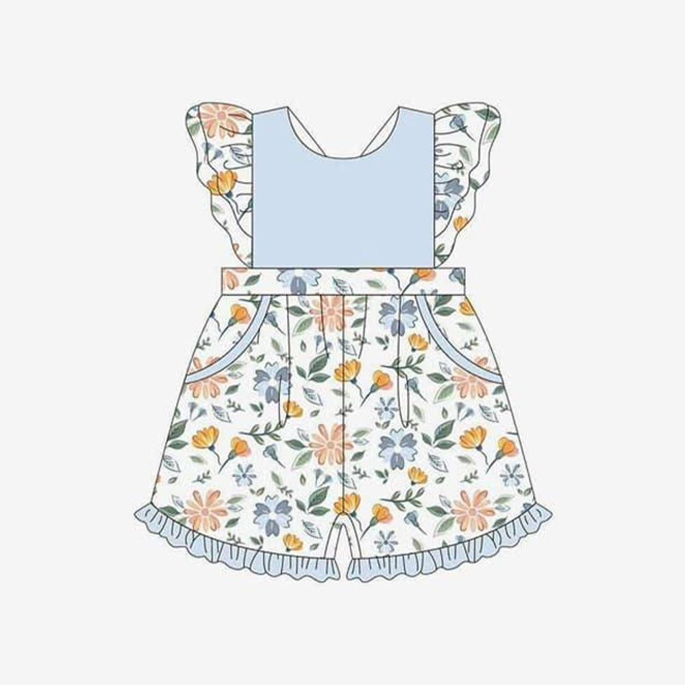 preorder SR2417 Colorful Flowers Blue Flutter Sleeve Girls Romper