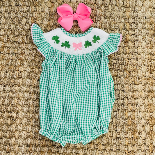 preorder SR2423 St.Patrick Clover Bow Green Checkered Flutter Sleeve Girls Romper