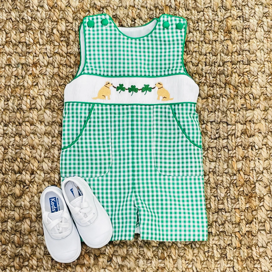 preorder SR2424 St.Patrick Clover Dog Green Checkered Sleeveless Boys Romper