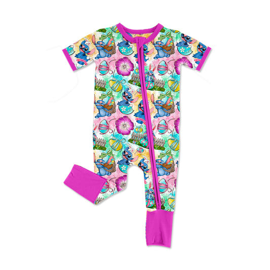 preorder SR2426 Easter Egg Animals Mouse Flowers Hot Pink Short Sleeve Zipper Girls Romper