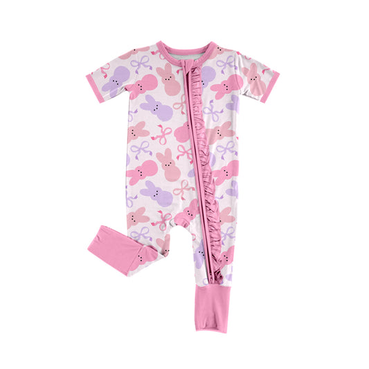 preorder SR2427 Easter Bunny Rabbit Bows Pink Purple Short Sleeve Zipper Girls Romper