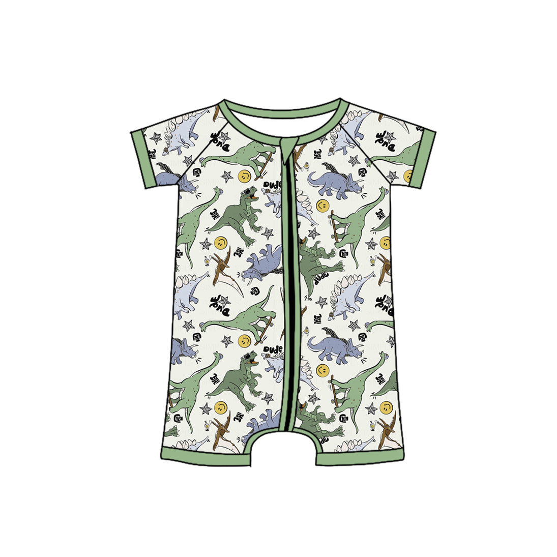 preorder SR2435 Cute Dinosaur Green Short Sleeve Zipper Boys Romper