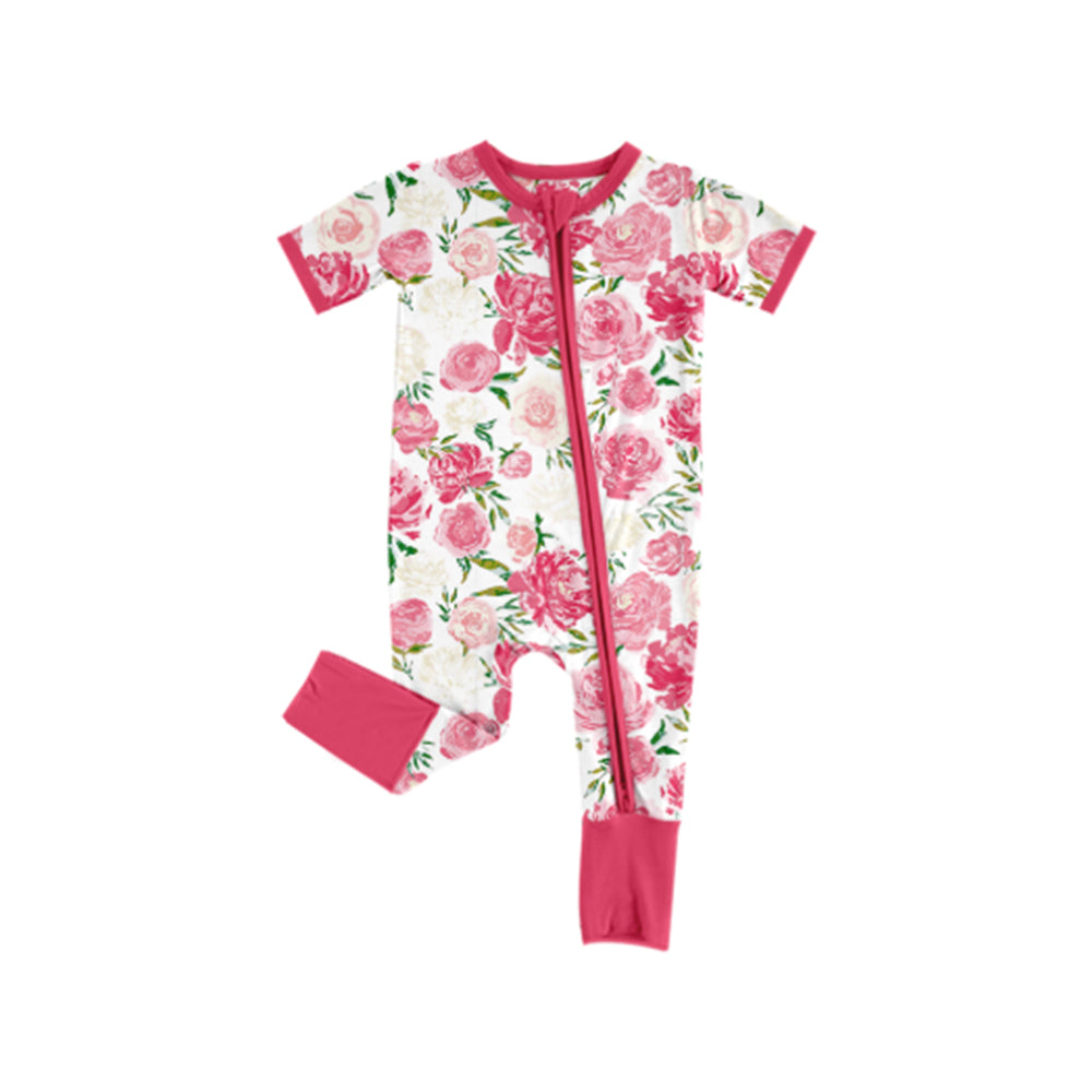 preorder SR2437 Hot Pink Flowers Short Sleeve Zipper Girls Romper