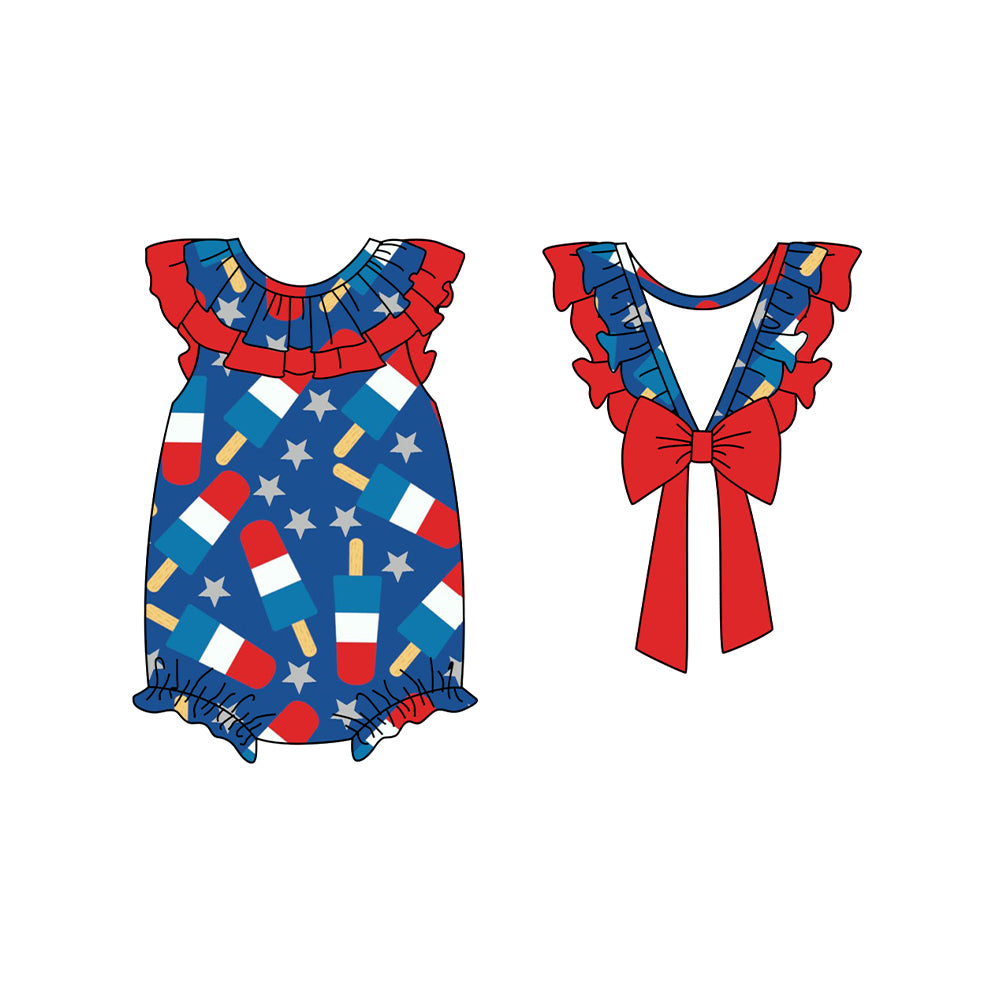 preorder SR2438 July 4th Ice Bow Blue Flutter Sleeve Girls Romper