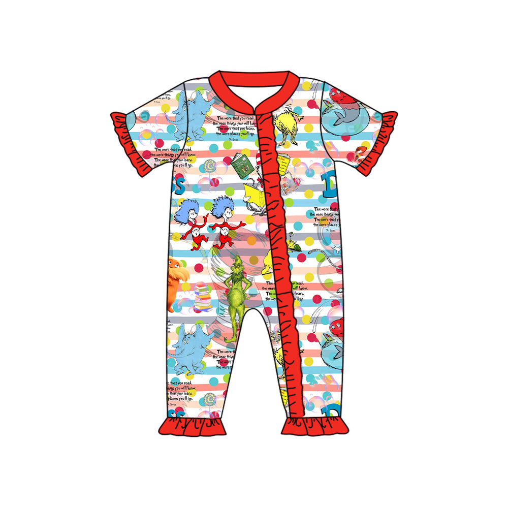preorder SR2440 Cartoon Dr Elephant Rainbow Striped Red Short Sleeve Zipper Girls Romper