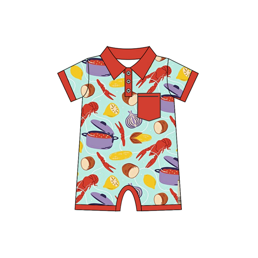 preorder SR2442 Crayfish Corn Potato Red Pocket Short Sleeve Boys Romper