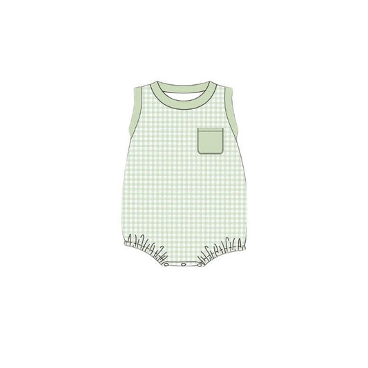 preorder SR2448 light green checkered pocket sleeveless boys romper