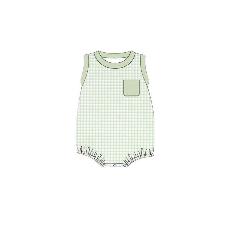preorder SR2448 light green checkered pocket sleeveless boys romper