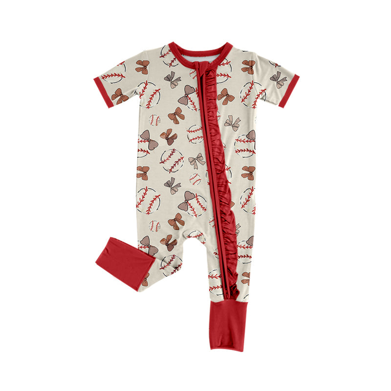 preorder SR2452 Baseball Girl Bows Red Short Sleeve Zipper Girls Romper