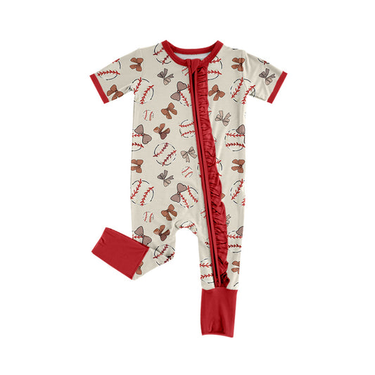 preorder SR2452 Baseball Girl Bows Red Short Sleeve Zipper Girls Romper