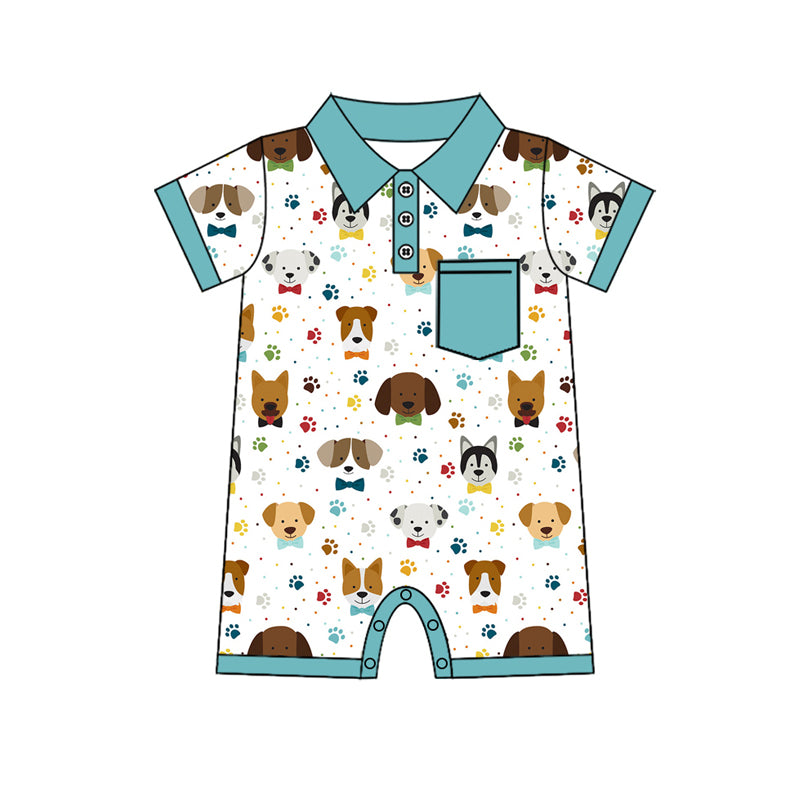 preorder SR2457 Cartoon Dogs Paw Pocket Short Sleeve Boys Romper