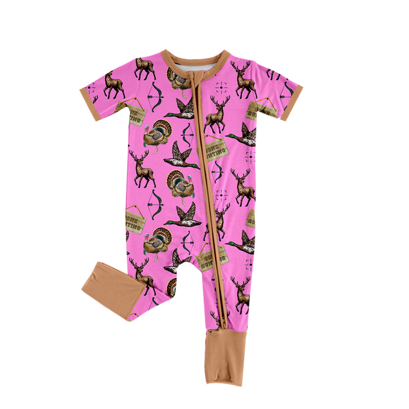 preorder SR2461 Hunting Deer Mallard Duck Hot Pink Short Sleeve Zipper Girls Romper