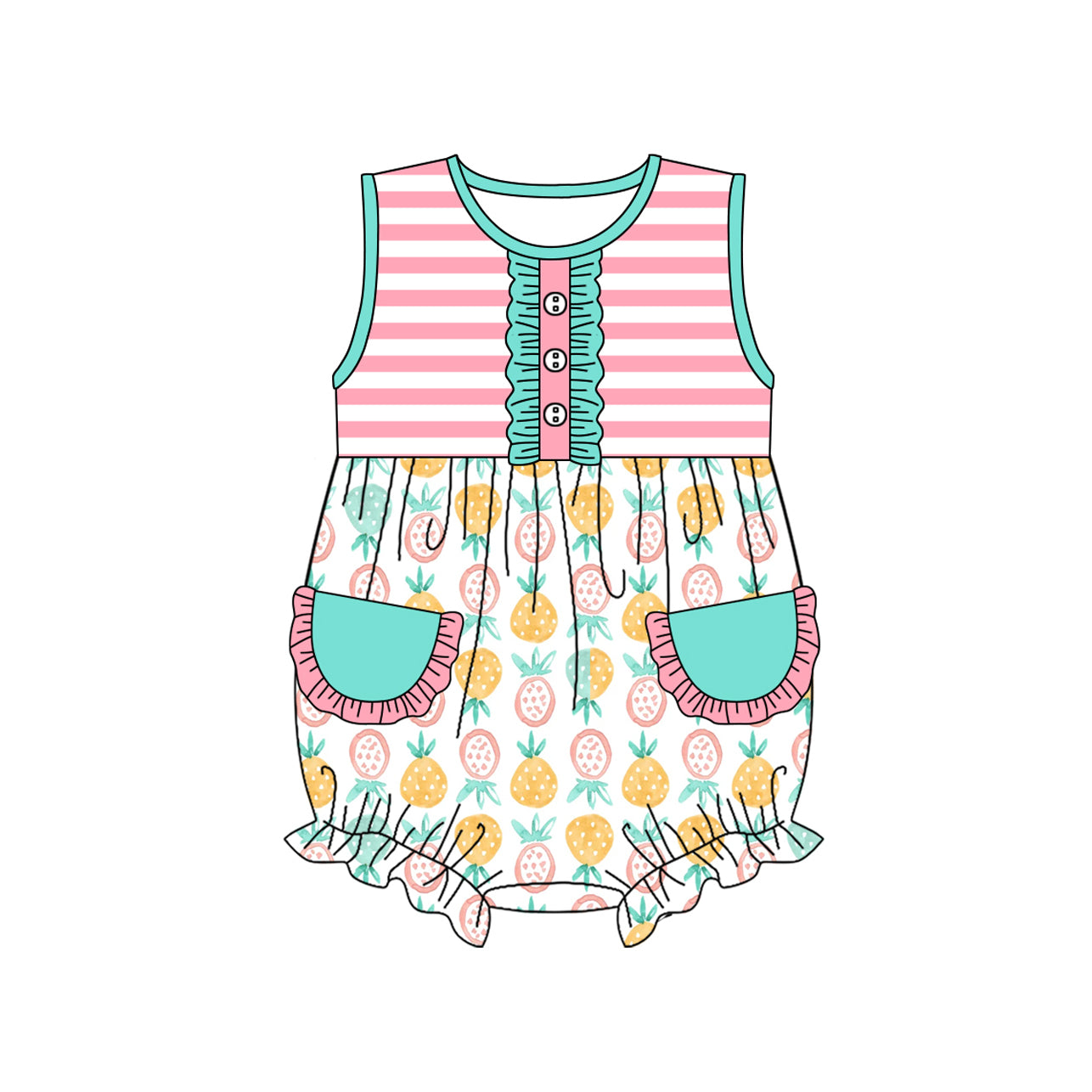 preorder SR2462 Fruit Pineapple Pink Striped Pockets Sleeveless Teal Girls Romper