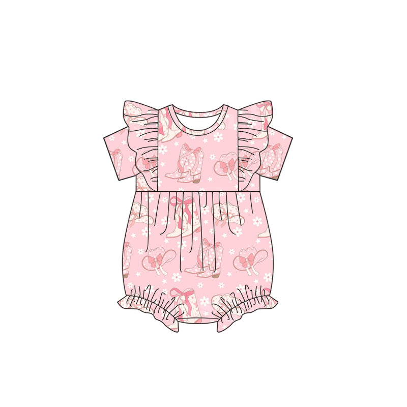 preorder SR2469 Western Boot Hat Dasiy Flowers Pink Short Sleeve Girls Romper