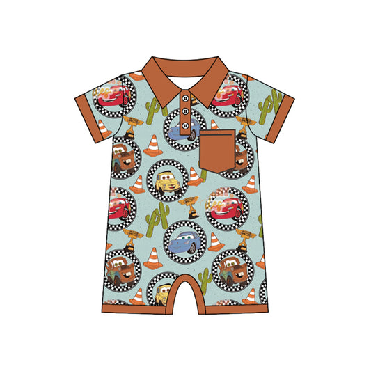 preorder SR2470 Western Cartoon Car Cactus Pocket Brown Short Sleeve Boys Romper