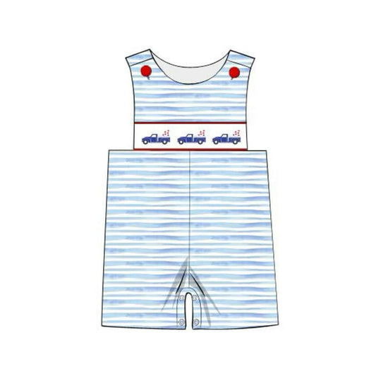 preorder SR2471 July 4th Star Truck Blue Striped Sleeveless Boys Romper