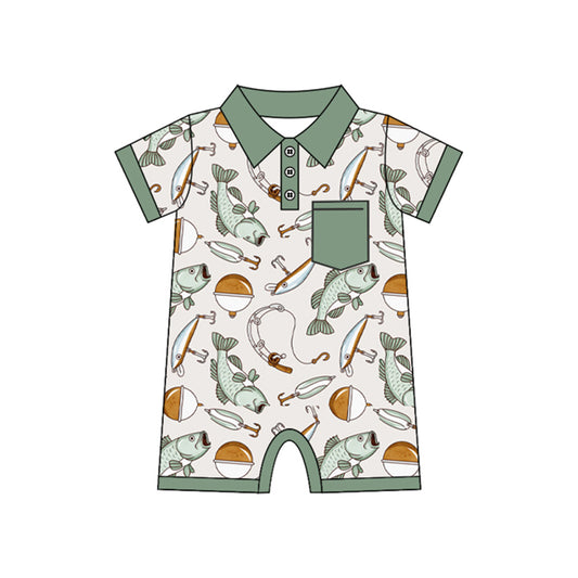 preorder SR2472 Fishing Green Pocket Short Sleeve Boys Romper