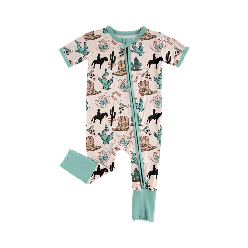 preorder SR2490 Western Cactus Rodeo Boot Blue Short Sleeve Zipper Girls Romper
