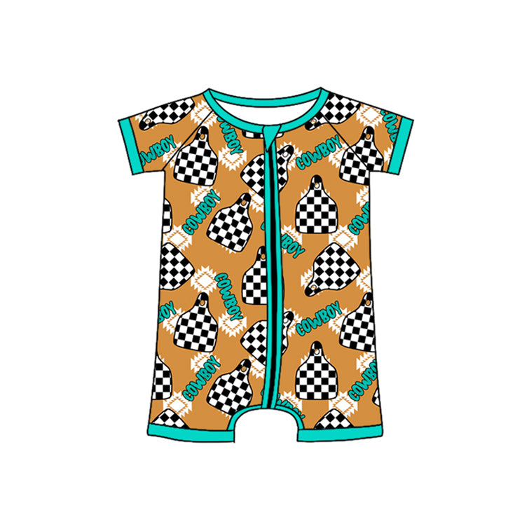 preorder SR2489 Western Cowboy Checkered Aztec Short Slevee Zipper Boys Romper