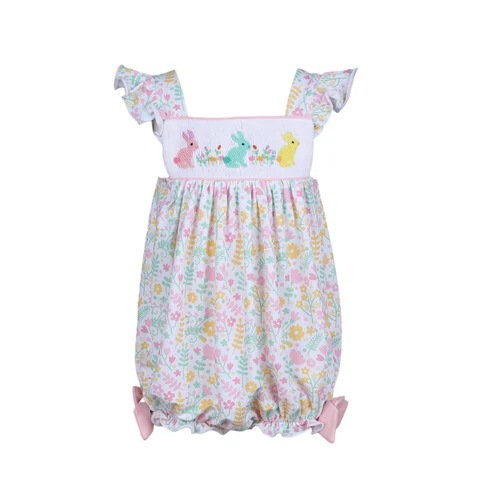 preorder SR2501 Easter bunny rabbit pink flowers flutter sleeve girls romper